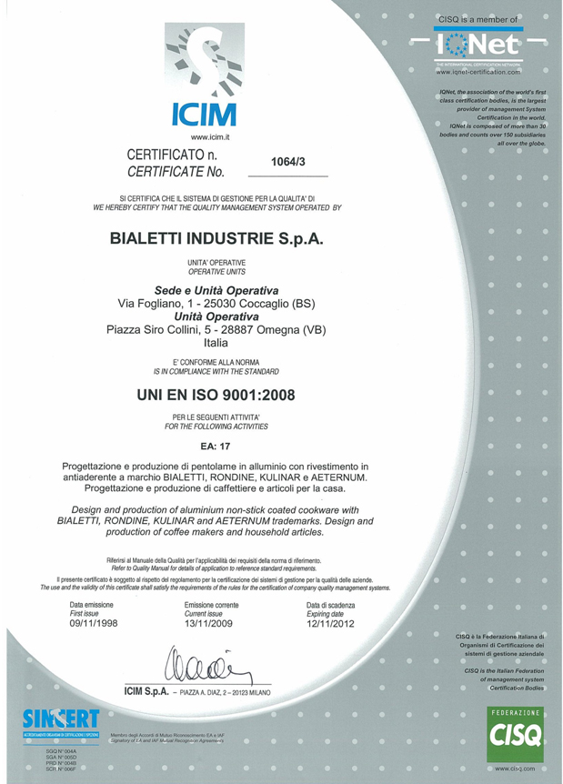 Сертификат качества продукции Bialetti